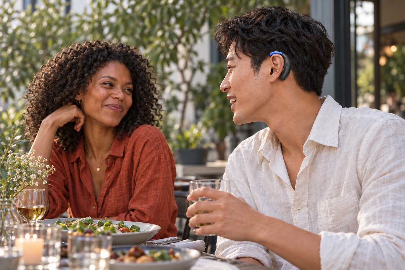 Two friends catch up over dinner.