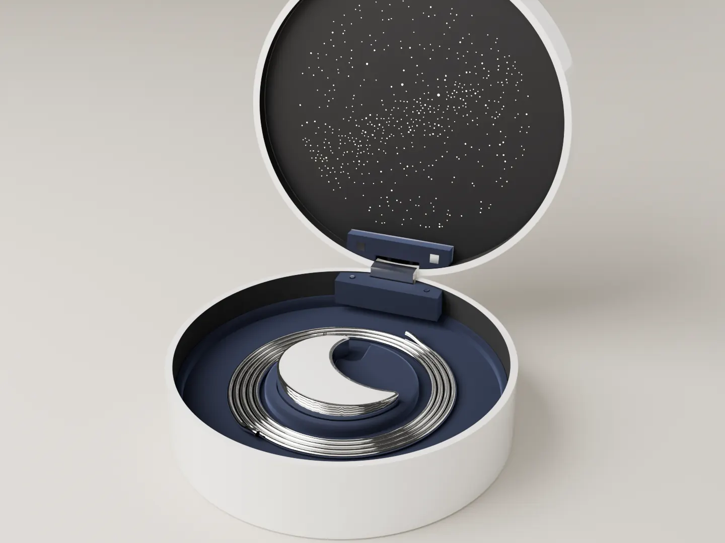 The starlight box open in daylight: white lacquer outside, a lid of stars, and the Moon resting in its seat with its chain coiled round it.