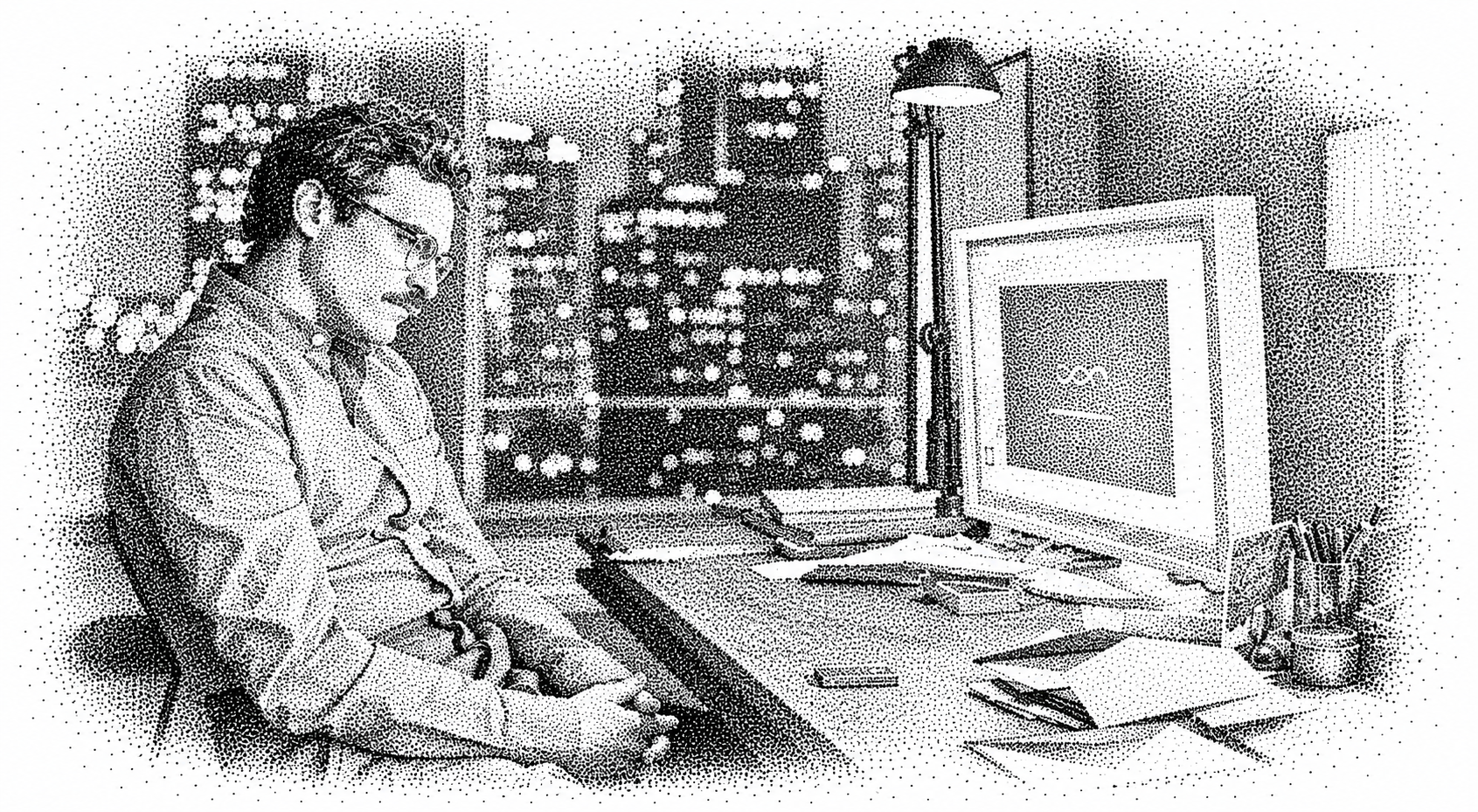 Theodore beside his computer in Her, rendered in tiny ink dots.