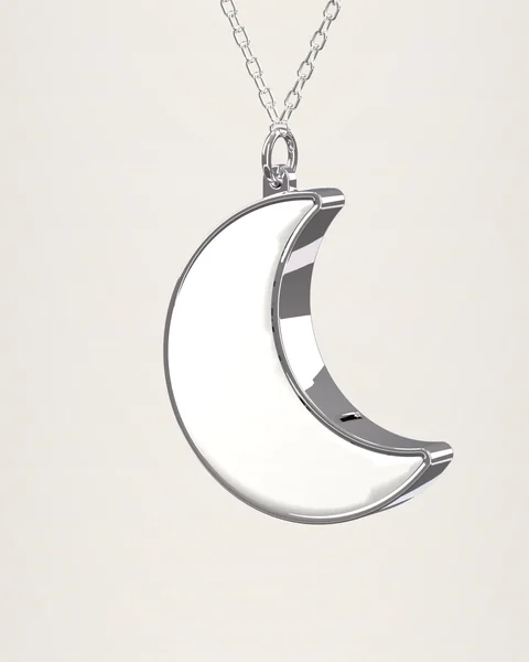 Luna in daylight: a polished steel crescent with a white stone face, on its chain