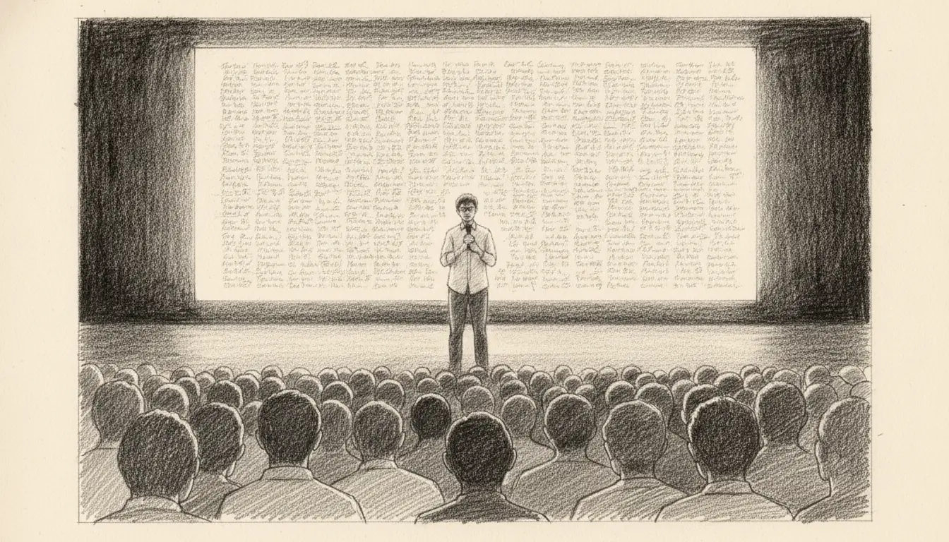 A founder on stage at Y Combinator Demo Day in front of a slide full of names