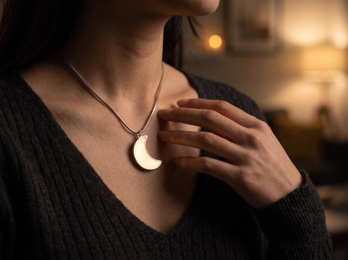 Luna glowing warm white at her collarbone