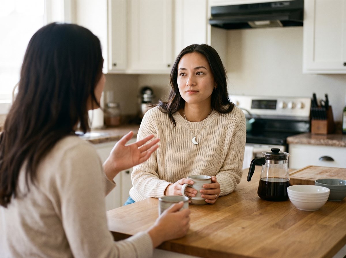 Two sisters talking in a kitchen; one wears Luna